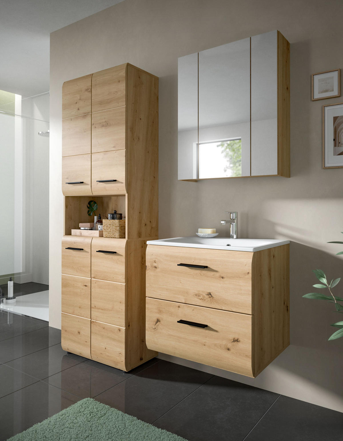 BADMÖBEL-SET 3-teilig in Artisan Eiche, Badkombination mit Waschtisch, 135 x 185 cm Cover - Schwarz/Eiche Artisan, Glas/Keramik (135/185/30cm) - Inn.Furn