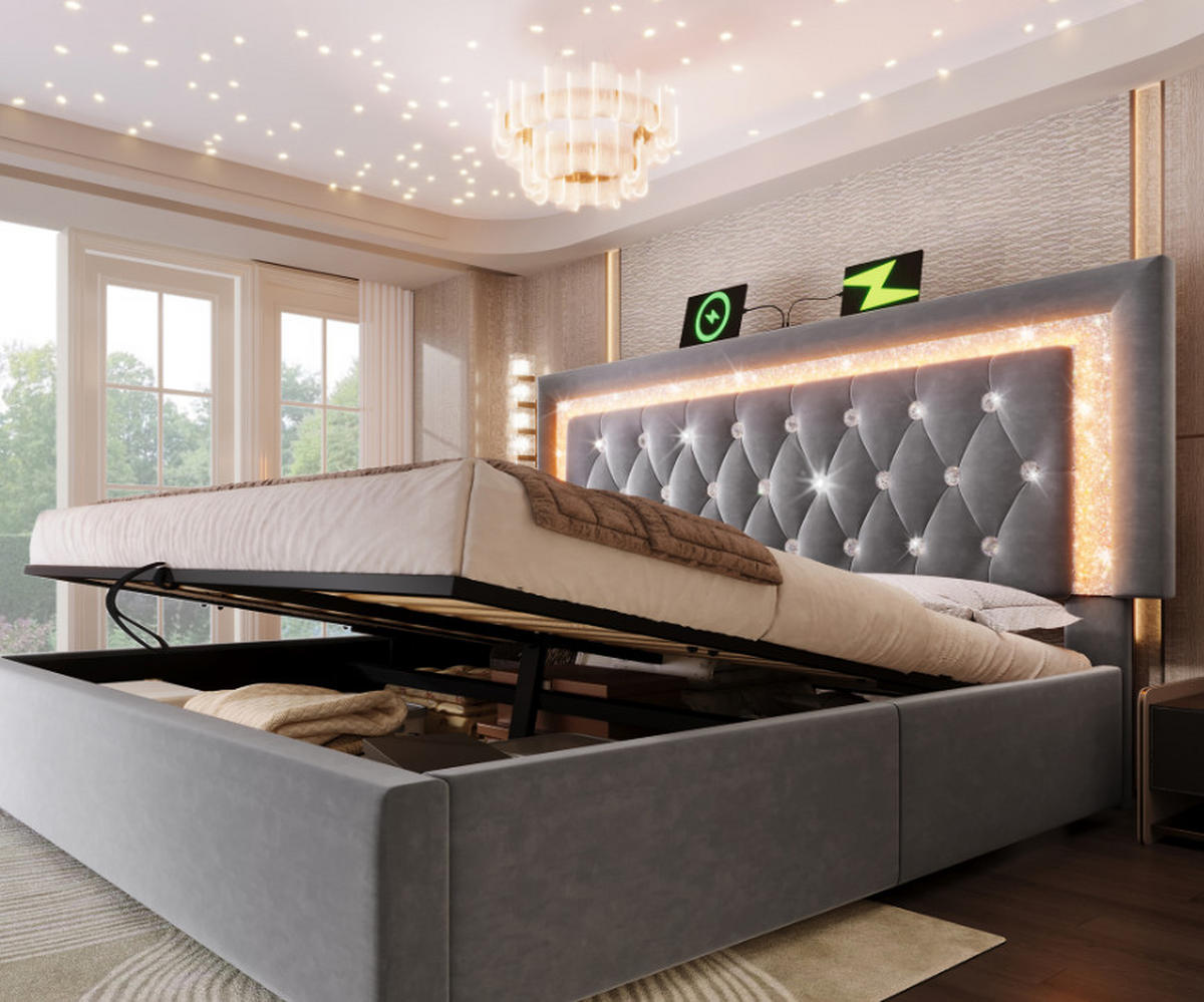 POLSTERBETT mit LED, USB und Stauraum 140x200 cm Samt Grau inkl. Matratze - Grau, Metall (140/200cm) - Meubliv