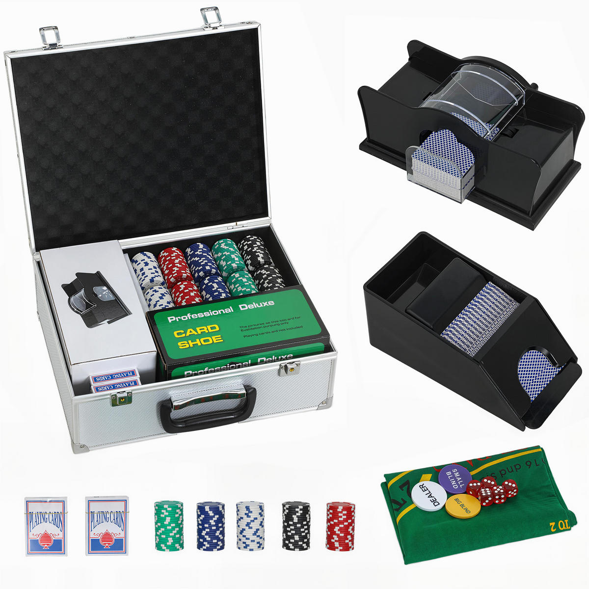 POKERSET DE-10830 300 Chips & Kartenmischer für 8 Spieler Silber - Silberfarben, Metall (30/36cm) - ComfortXL