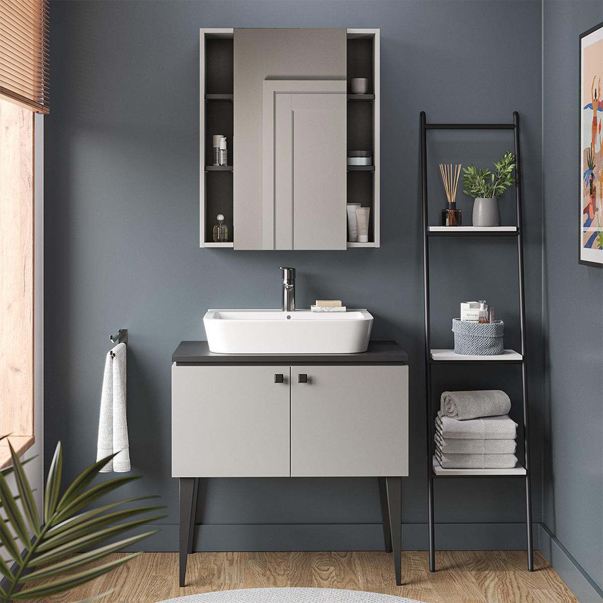 BADSPIEGELSCHRANK Gerta Grau 65 x 80 cm mit Tür und offenen Fächern - Grau, Holzwerkstoff (65/80/20cm) - Vicco