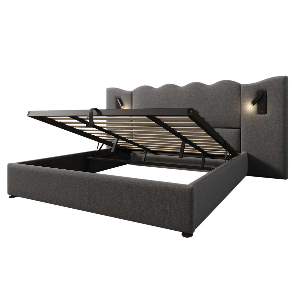POLSTERBETT 180/200 cm mit Leselampe, USB-C, Stauraum und Wellenkopfteil, Leinen, Grau - Grau, Textil (180/200cm) - Redom