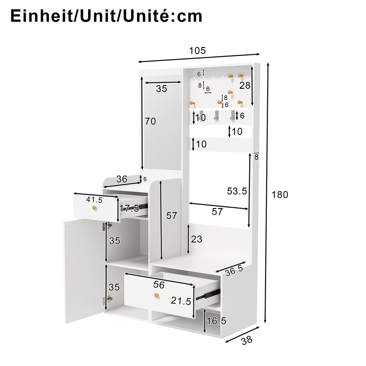 GARDEROBE 105 cm Spiegel Haken Stauraum - Weiß, Holzwerkstoff (105/180/38cm) - LEBENLANG