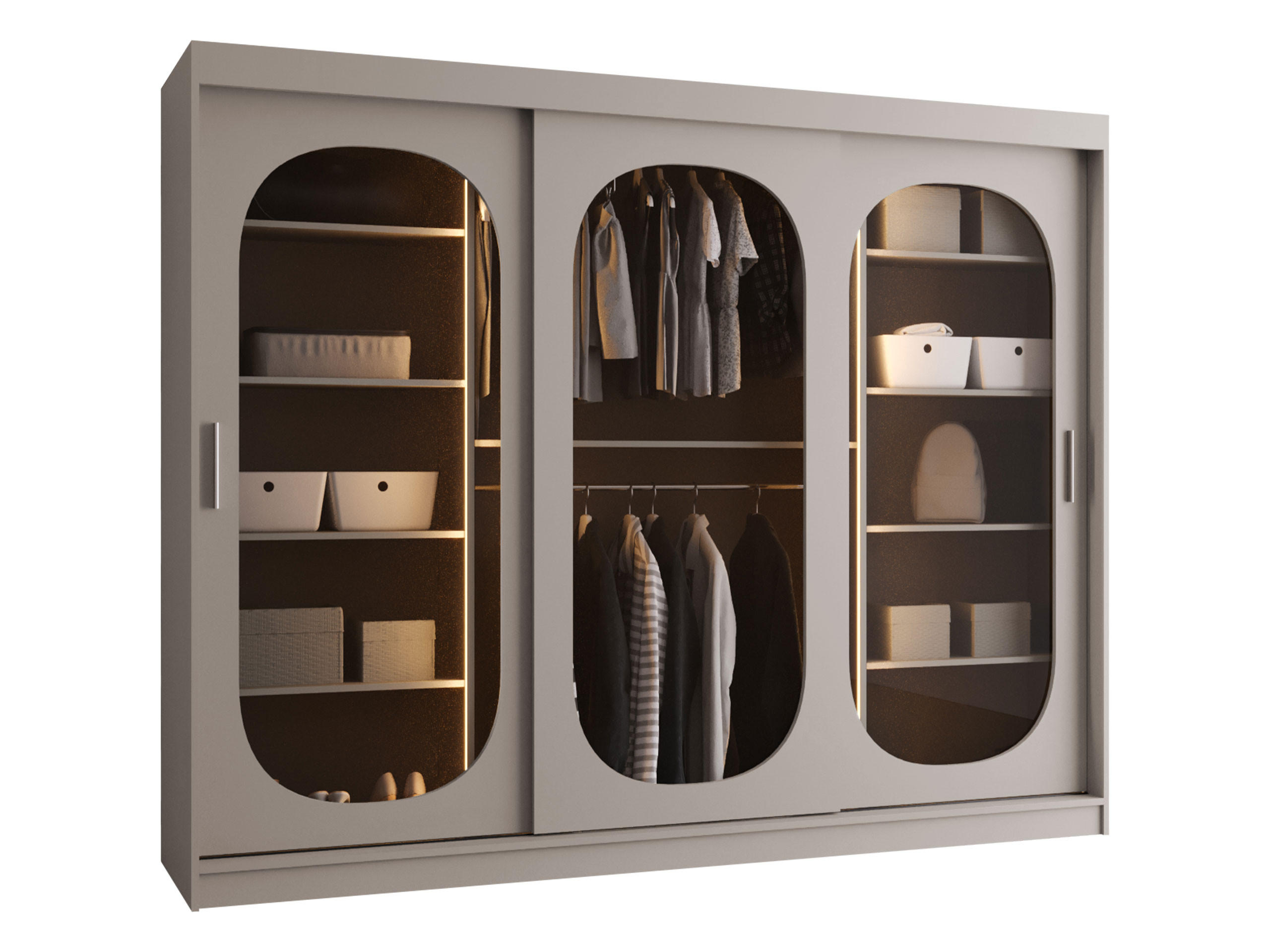 SCHWEBETÜRENSCHRANK Bahrajn 250 mit Schubladen und LED - Kaschmir/Silberfarben, Holzwerkstoff/Kunststoff (250/200/62cm) - MIRJAN24
