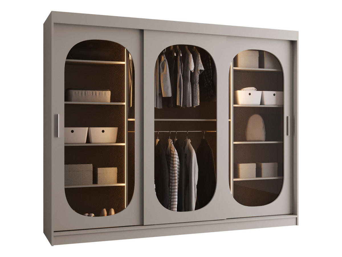 SCHWEBETÜRENSCHRANK Bahrajn 250 mit Schubladen und LED - Kaschmir/Silberfarben, Holzwerkstoff/Kunststoff (250/200/62cm) - MIRJAN24