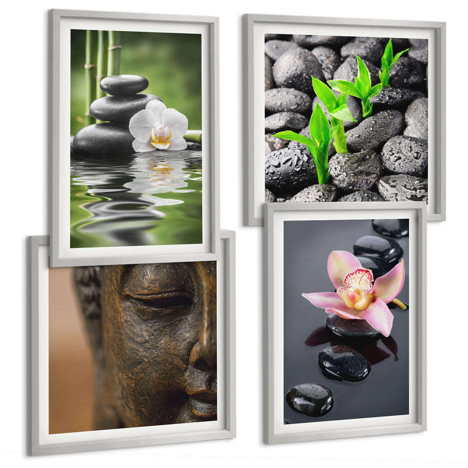 BILDER SET 4er Set - 50x50 cm & 40x60 cm Silberner Rahmen - Friedliche Zen-Blumen-Buddha-Komposition - Silberfarben, Kunststoff (50/50cm) - TULUP