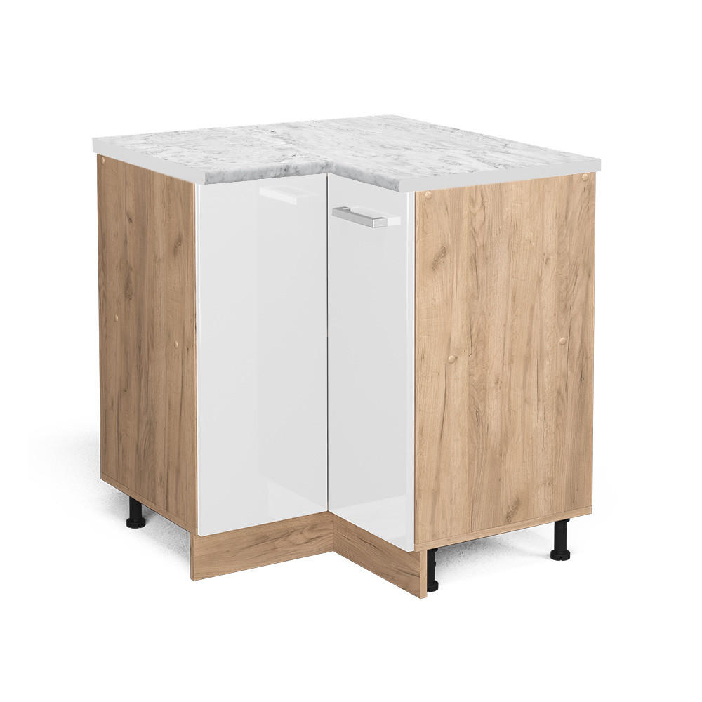 ECKUNTERSCHRANK R-Line Weiß Hochglanz 75.6 cm AP Marmor - Honigeiche/Weiß Hochglanz, Holzwerkstoff (75.6/81.6/60cm) - Vicco
