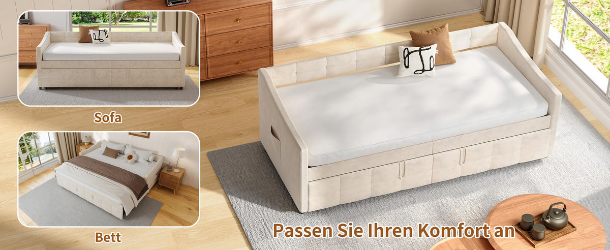SCHLAFSOFA 90x200cm weiß samt hydraulik seittaschen - Weiß, Holzwerkstoff (90/200cm) - SHOPENTRA