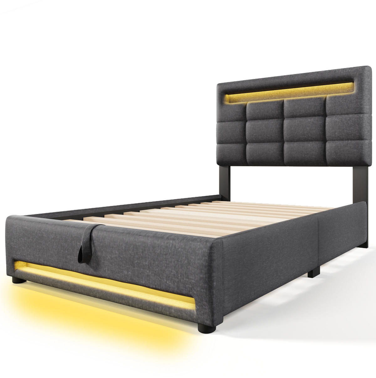 POLSTERBETT 90/200 cm mit LED-Beleuchtung, App-Steuerung, USB-Anschluss und hydraulischem Stauraum, Grau - Grau, Textil (90/200cm) - Redom