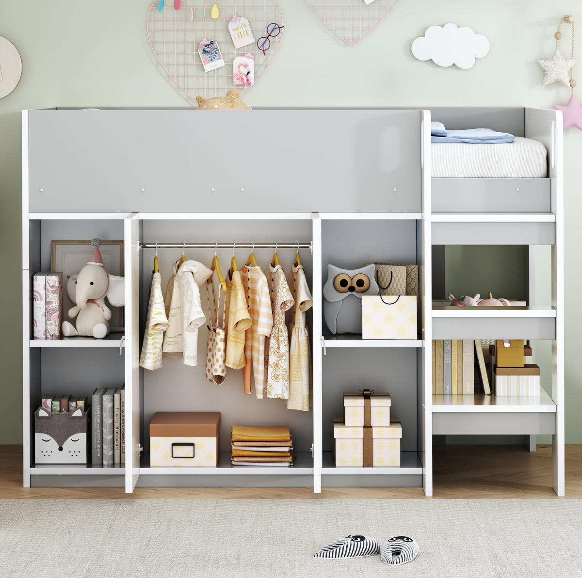 HOCHBETT 90/200 cm in Grau/Weiß mit Schrank, Regalen und Leiter - Grau, Holz (90/200cm) - Flora Grace