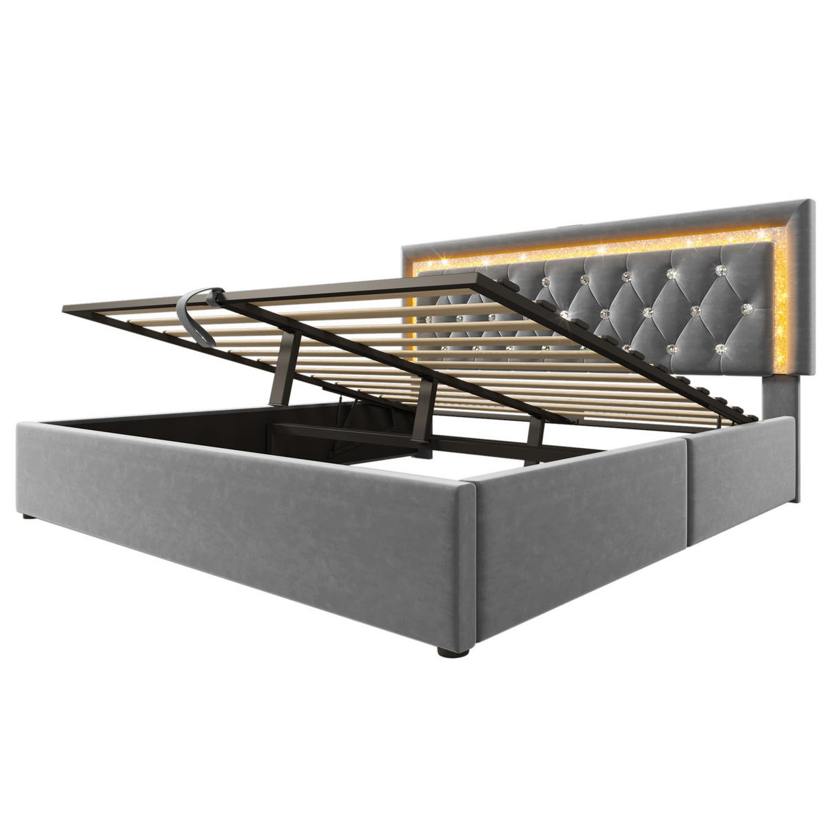 POLSTERBETT aus Samt 140x200 cm Grau mit Matratze, LED-Beleuchtung, USB und Type-C - Grau, Textil (140/200cm) - IVMEU