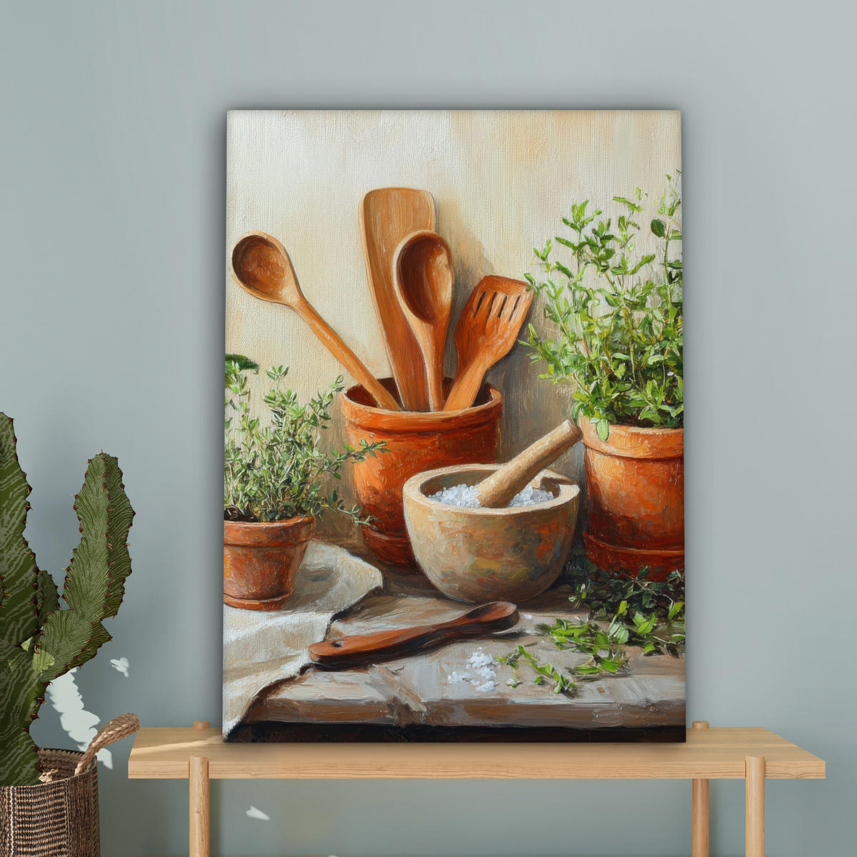 LEINWANDBILD Töpfe - Kräuter - Holz 60x80 cm - Terracotta, Textil (60/80cm) - MuchoWow