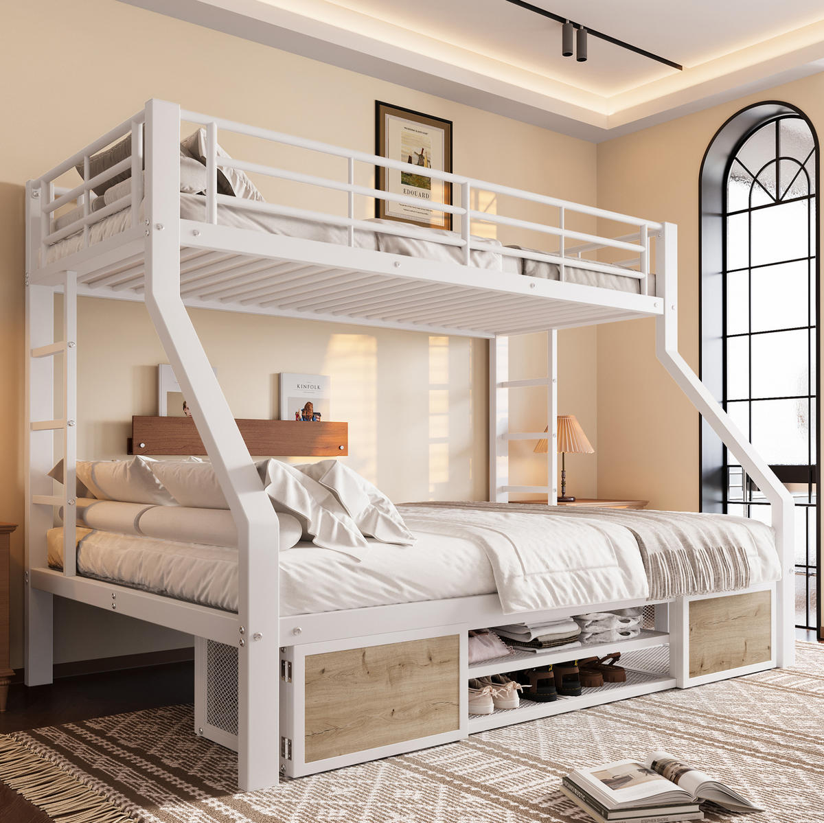 ETAGENBETT 90/200 cm 140/200 cm Weiß mit Schuhschrank, Staufächern und Leiter - Weiß, Metall (140/200cm) - MIVRAY