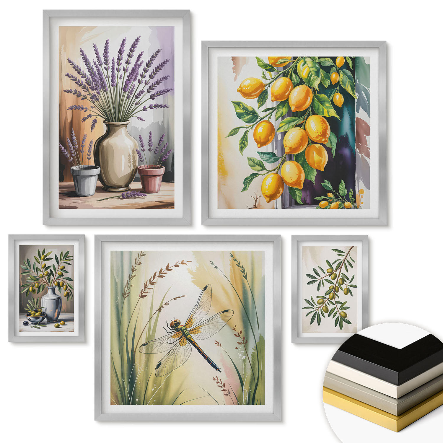 WANDBILDER 5er Set - 50x50 cm & 20x30 cm & 40x60 cm Silberner Rahmen - Lavendelblüten und Architektur - Silberfarben, Kunststoff (40/60cm) - ArtPrintCave