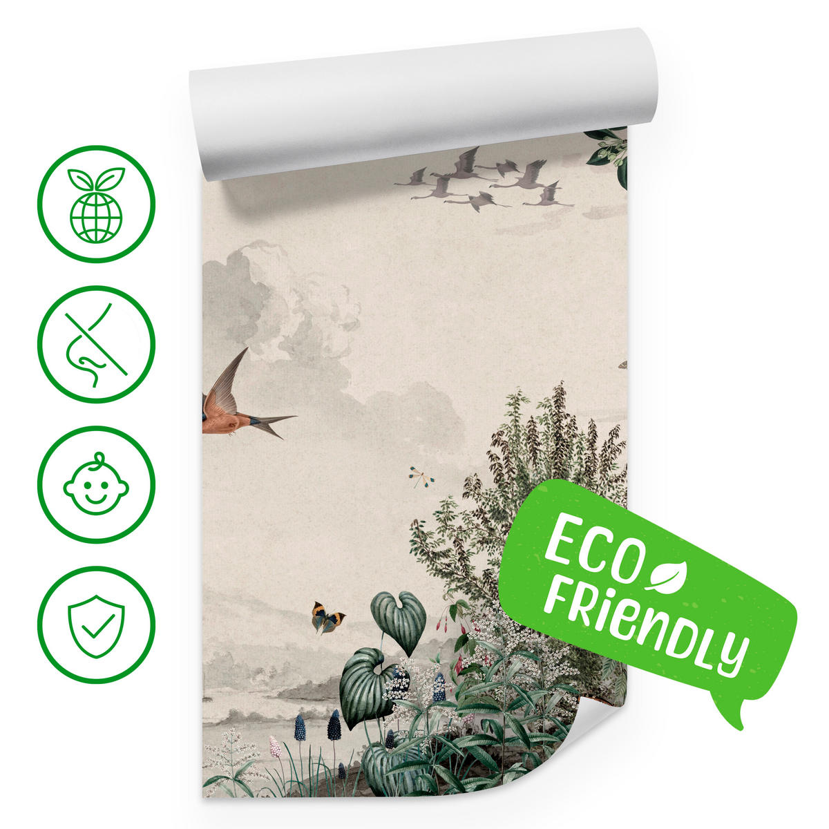 FOTOTAPETE für Wohnzimmer Retro Tropenlandschaft Vögel Büsche 400x280 - Beige/Rot, Papier (400/280cm) - Muralo