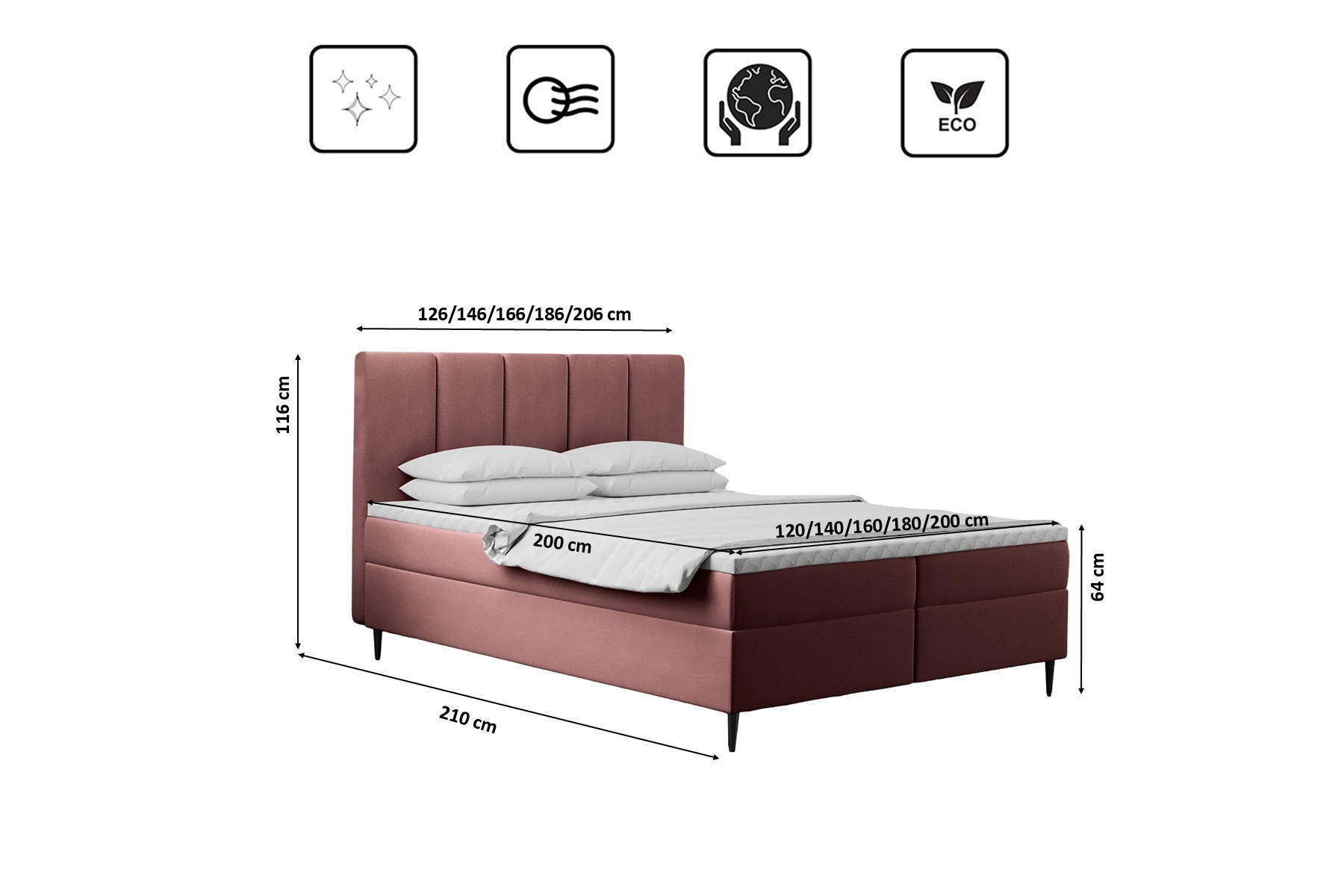 Thumbnail - Kaiser Möbel Boxbett, Rosa, Textil, H3, Höhe ca. 20 cm, einzeln stellbar, eckig, 140x200 cm, Schlafzimmer, Betten, Boxsp...