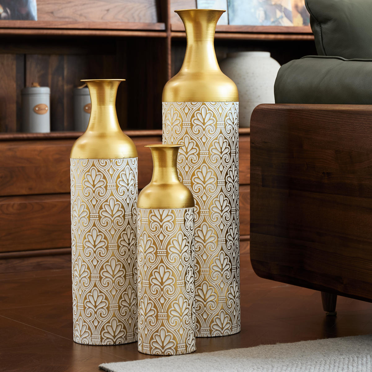 BODENVASE 3-tlg 50/66/83cm Bodenvase-Gold Metallvase mit Punkte-Muster Vintage-Übertopf - Goldfarben, Metall (91.45cm) - Raelunyi