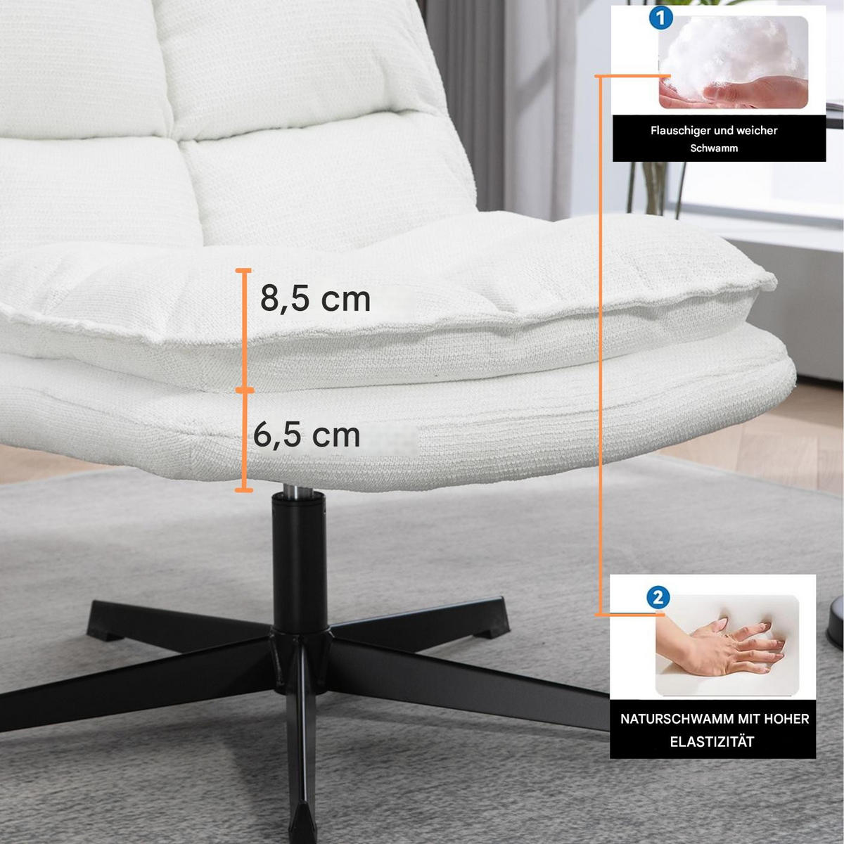 DREHSESSEL 360° Weiß, Gepolstert, Stoffbezug, Klappbare Rückenlehne - Weiß, Metall (65/85/79.5cm) - Meubles Cosy