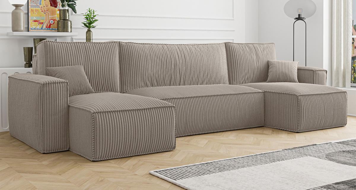 WOHNLANDSCHAFT Scarlo Beige Cordbezug - Beige/Schwarz, Kunststoff/Textil (244/83/145cm) - Selsey