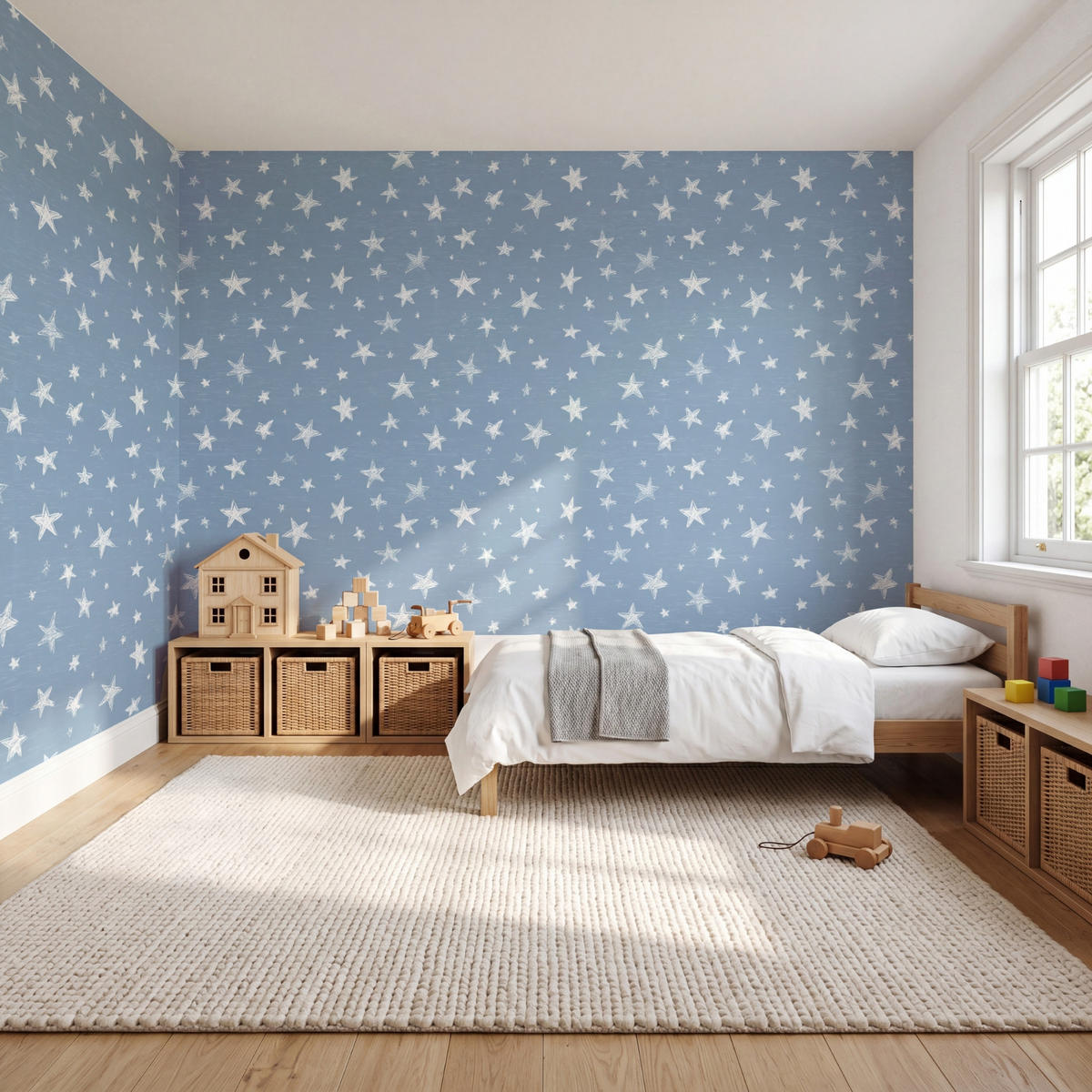 KINDERTAPETE - Sterne - Muster - Blau - 500x300 cm - Hellblau, Papier (500/300cm) - OnlyWow