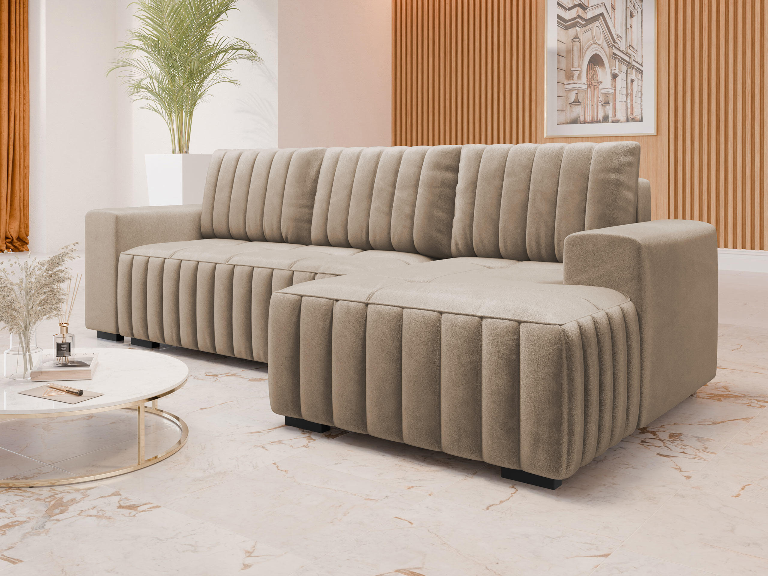 ECKSOFA Hugo, Seite: Rechts - Hellbraun/Dunkelbraun, Holz/Textil (240/140cm)