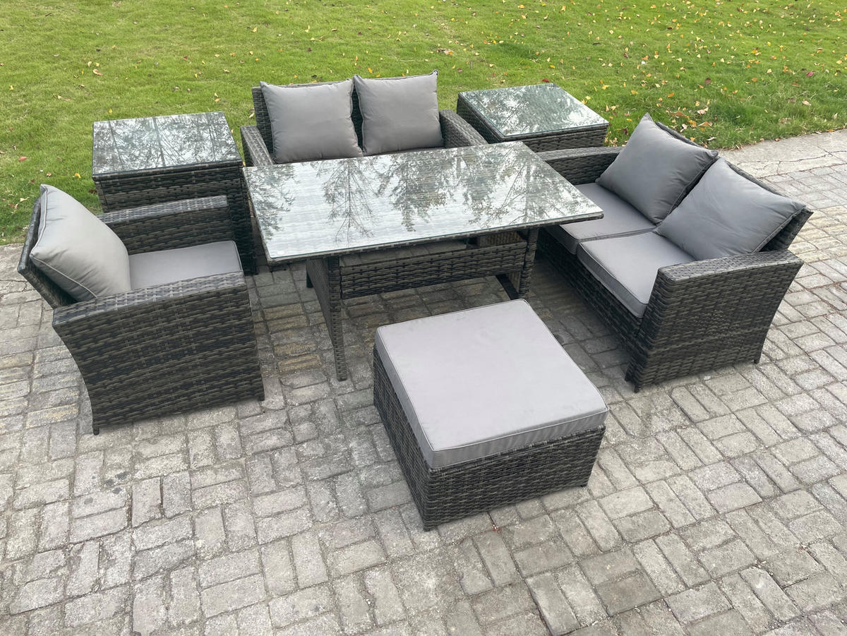 GARTENMÖBELSET mit 2-Sitzer Sofa,2 Hockern,Esstisch,2 Beistelltischen Polyrattan Dunkelgrau 6-Sitzer - Dunkelgrau/Grau, Glas/Kunststoff - Fimous