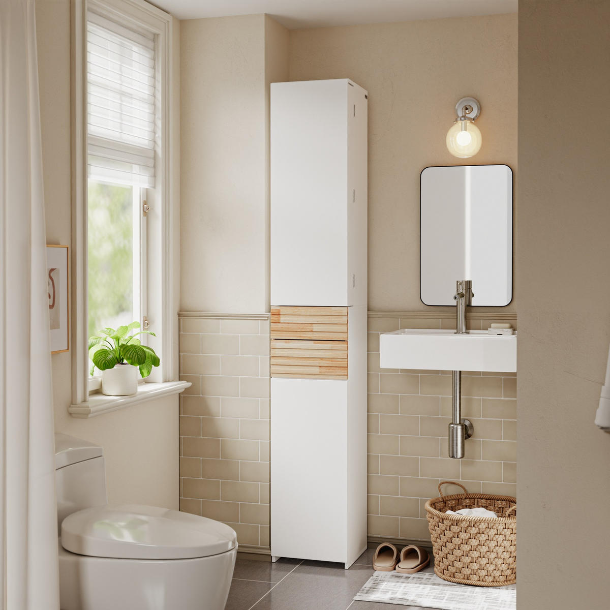 BADEZIMMERSCHRANK mit Schubladen und Tür BZR244-WN - Ahornfarben/Weiß, Kunststoff/Fell (30/180/30cm) - SoBuy