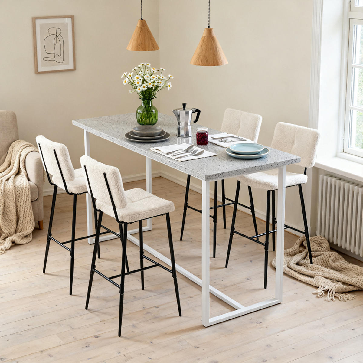 BARHOCKER 6er-Set in Eisen Bouclé-Stoff - Beige, Metall (46.5/104/53cm) - Meubles Cosy