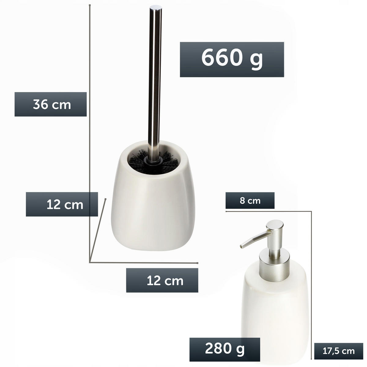 BADEZIMMERSET SEIFENSPENDER + WC-Bürstengarnitur, weiß - Weiß, Keramik/Kunststoff (12/36cm) - KADAX