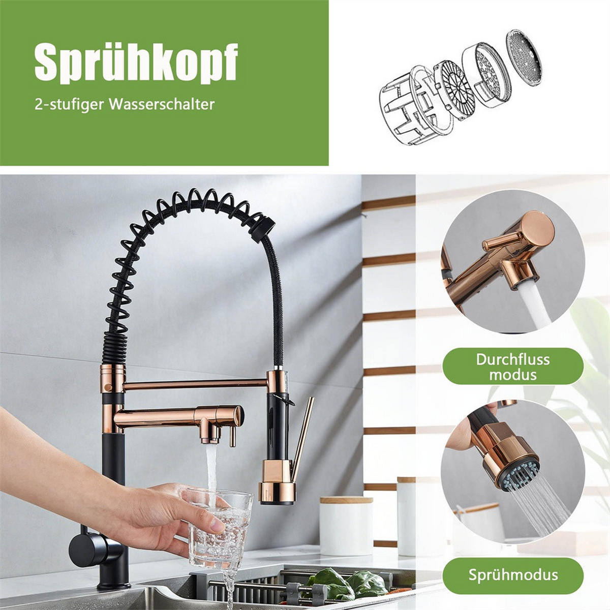 KÜCHENARMATUR ausziehbar mit Federführung 360° drehbar Spültischarmatur Mischbatterie - Schwarz +Roségold - Schwarz, Metall (17.5/46/4.5cm) - DELFA