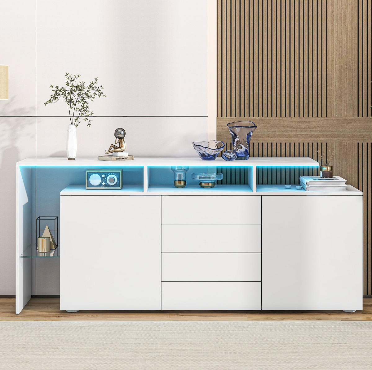 SIDEBOARD aus Spanplatte 160x35x70 cm Weiß mit LED-Beleuchtung, 4 Schubladen und 2 Türen - Weiß, Holzwerkstoff (160/70/35cm) - IVMEU