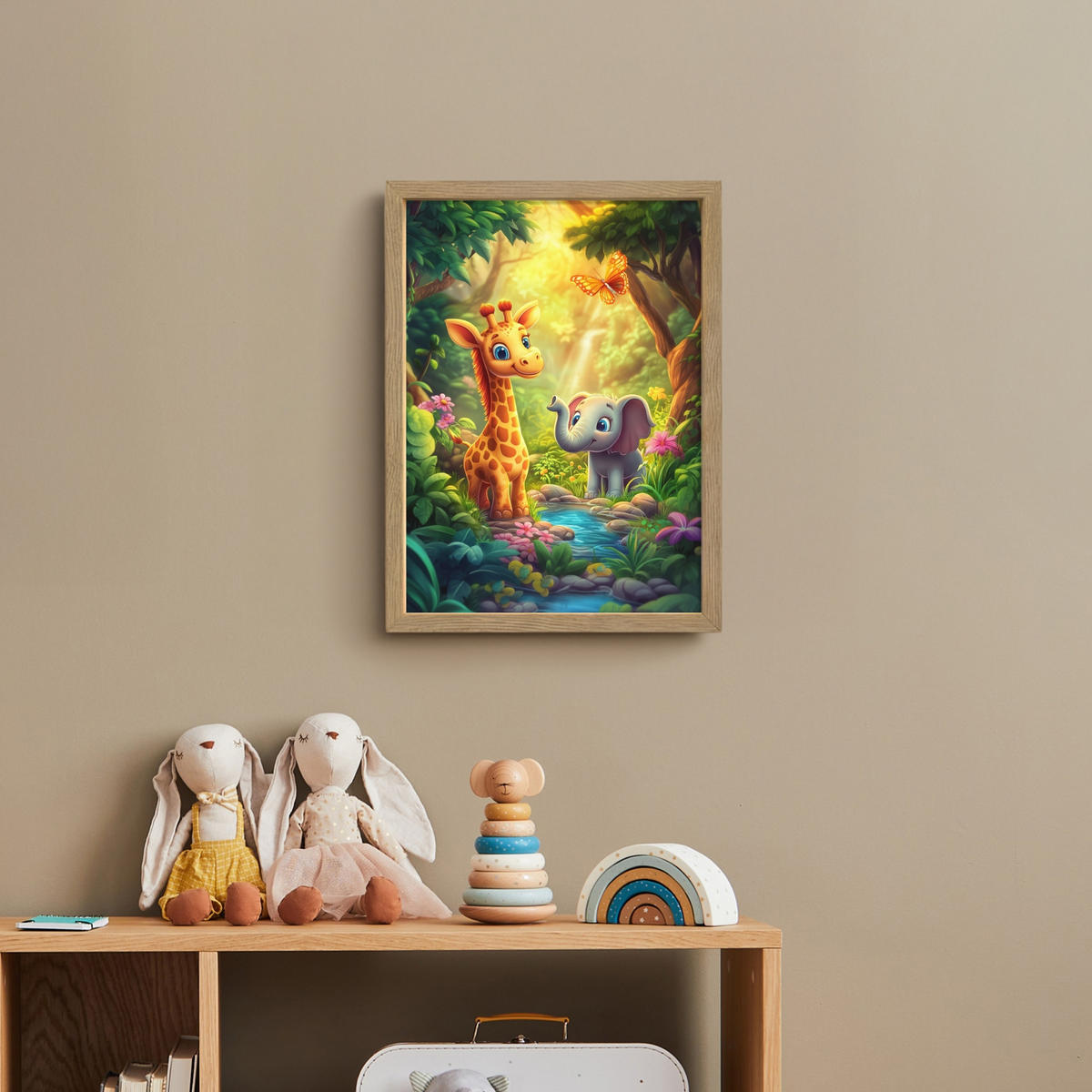 NACHTTISCHLAMPE MIT AKKU Giraffe - Elefant - Blumen - Dschungel 30x40 cm - Grün, Holzwerkstoff (8/30/40cm) - OnlyWow