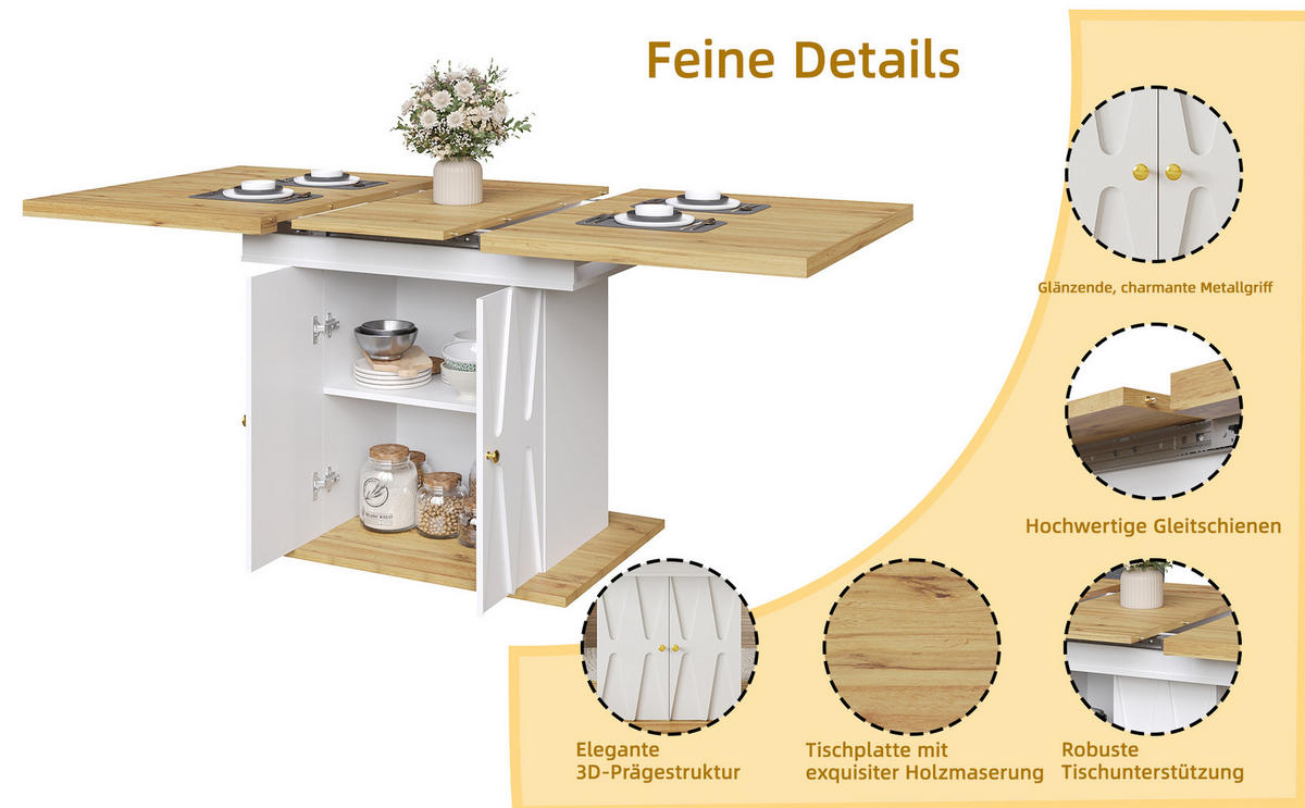 ESSTISCH ausziehbar mit Stauraum, MDF & Metall, 110(140)/70/76,5 cm, Weiß - Weiß, Holzwerkstoff (110/70/76.5cm) - Redom