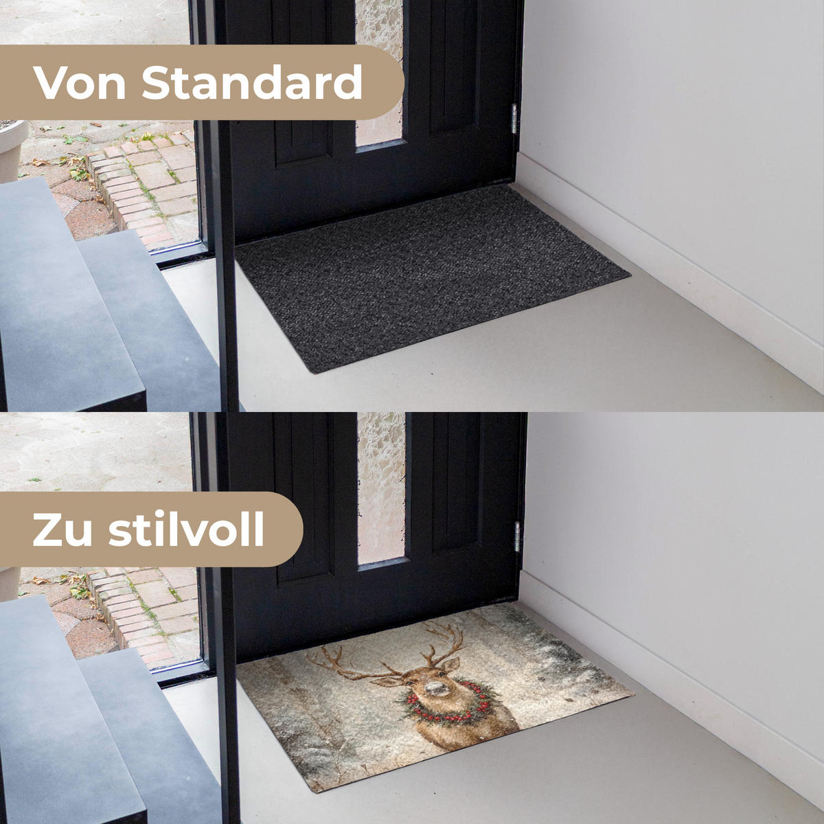 FUSSMATTE Weihnachten - Rentier - Winter - Kranz 90x60 cm - Braun, Kunststoff (90/0.4cm) - MuchoWow