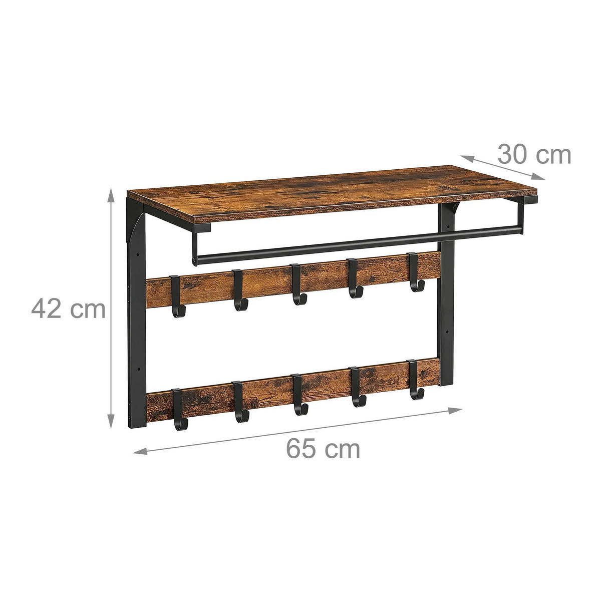 WANDGARDEROBE Vintagebraun Schwarz 3-in-1 10 Haken - Multicolor, Holzwerkstoff/Metall (65/42/30cm) - Relaxdays