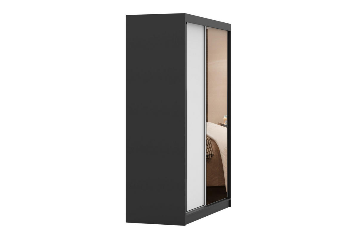 SCHWEBETÜRENSCHRANK VELMA 07 150/200 in Schwarz/Weiß mit Spiegel und LED - Schwarz/Weiß, Holzwerkstoff (150/61/200cm) - Deine Möbel 24