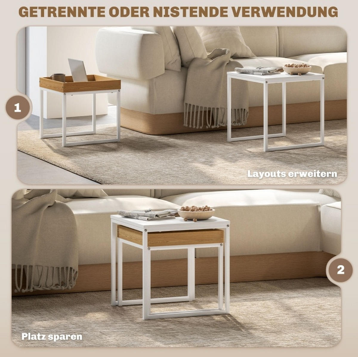 COUCHTISCH-SET aus MDF und Stahl 45x45x45 cm Weiß mit abnehmbarem Tablett - Weiß, Metall (45/45/45cm) - IVMEU