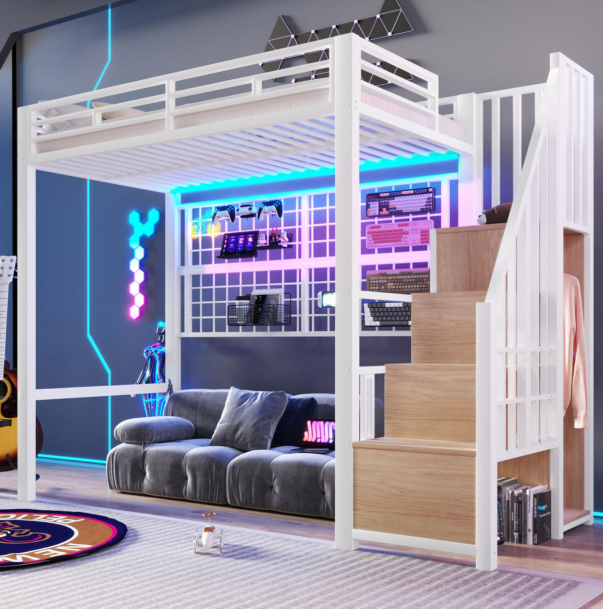HOCHBETT 90/200 cm in Weiß – mit Stauraumleiter, Kleiderschrank und LED - Weiß, Metall (90/200cm) - BEAOK