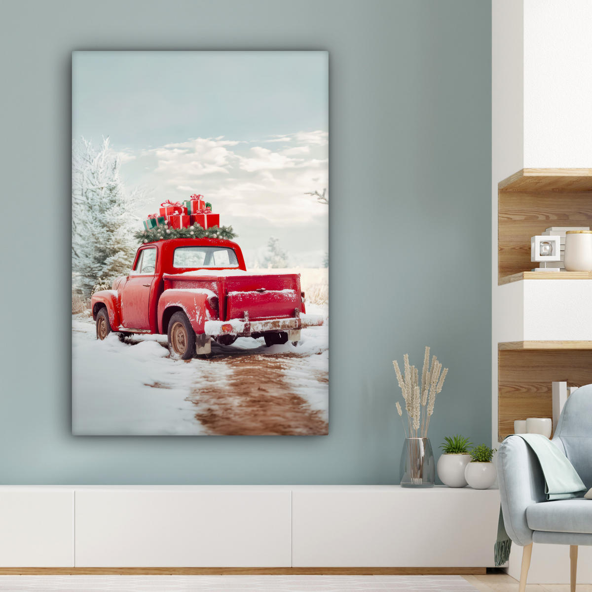 LEINWANDBILD Auto - Rot - Geschenke - Winter - Schnee - Weihnachten 90x140 cm - Rot, Textil (90/140cm) - MuchoWow