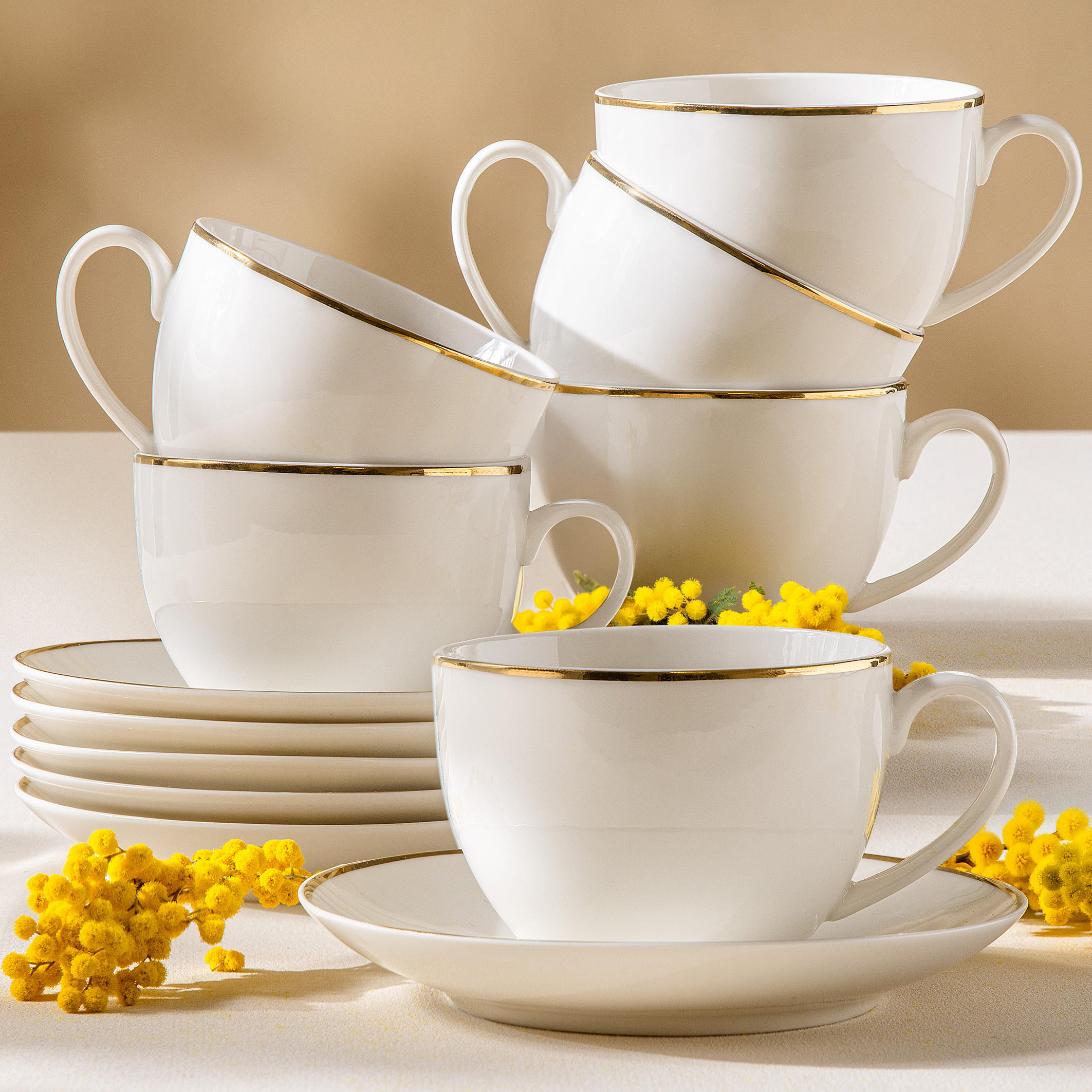 KAFFEETASSEN- MIT UNTERTASSEN-SET AD BELLA, 12-tlg - Ecru/Goldfarben, Keramik (15/8/15cm) - KONSIMO®