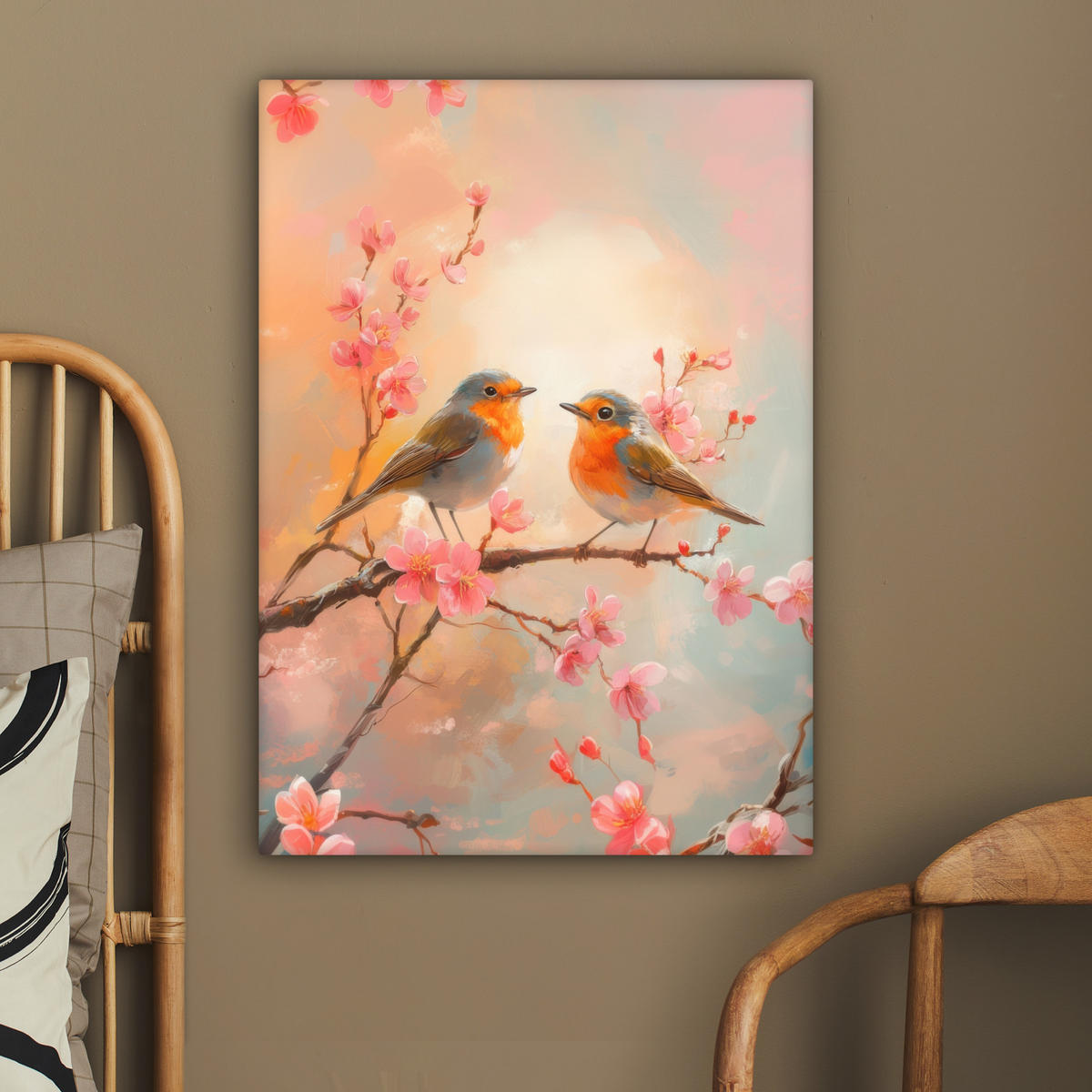 LEINWANDBILD Rotkehlchen - Zierpflanze - Blütenzweig 60x80 cm - Hellrosa, Textil (60/80cm) - MuchoWow