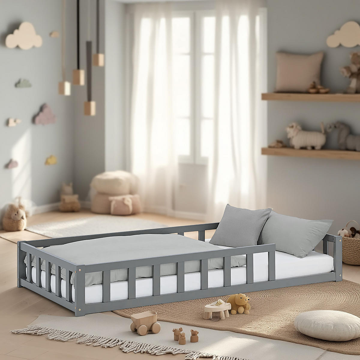 BODENBETT Grau 90x200 cm mit Lattenrost Kind - Grau, Holz (90/200cm) - Homestyle4u
