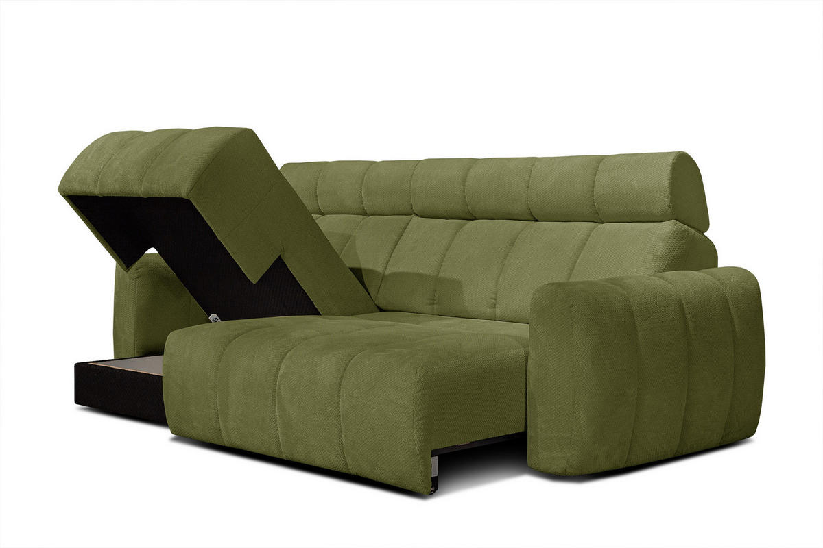 ECKSOFA KIMI 3-Sitzer, ausziehbarer Sitz, verstellbare Kopfstützen, olivgrün - Schwarz/Olivgrün, Holzwerkstoff/Textil (270/160cm) - Courtois Laville
