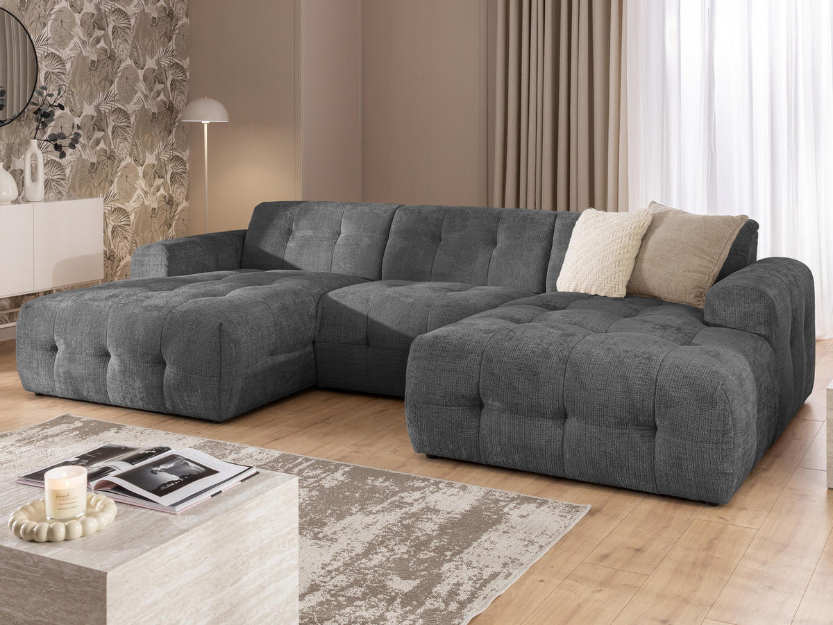 WOHNLANDSCHAFT Kozy im Bumpy-Design mit fester Rückenlehne aus weichem Grau Chenille-Stoff - Schwarz/Grau, Holz/Kunststoff (323/79/161cm) - S-Style Möbel