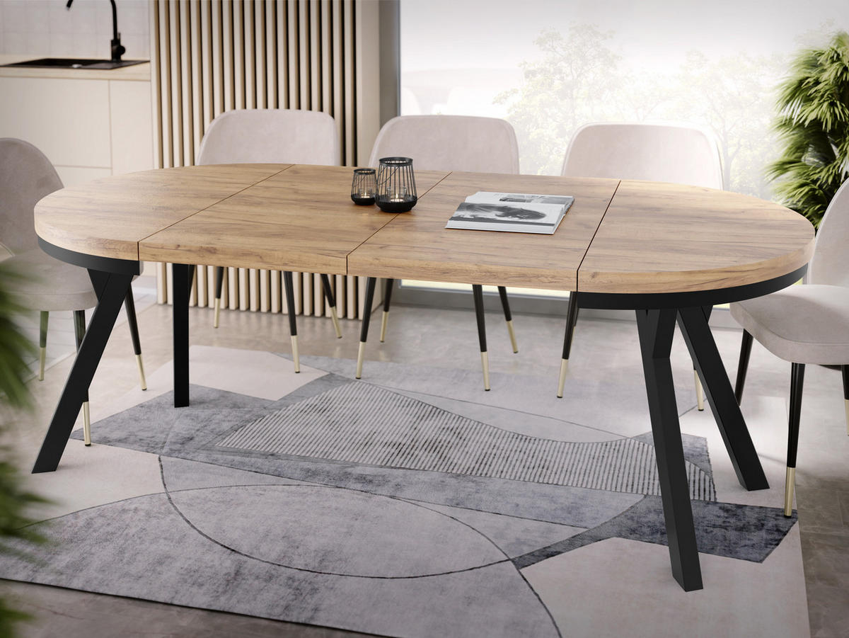 ESSTISCH Lume runder ausziehbarer, Wotan Eiche 90-170/90/76 cm - Eiche Wotan/Schwarz, Holz/Holzwerkstoff (90/90/76cm) - WFL GROUP