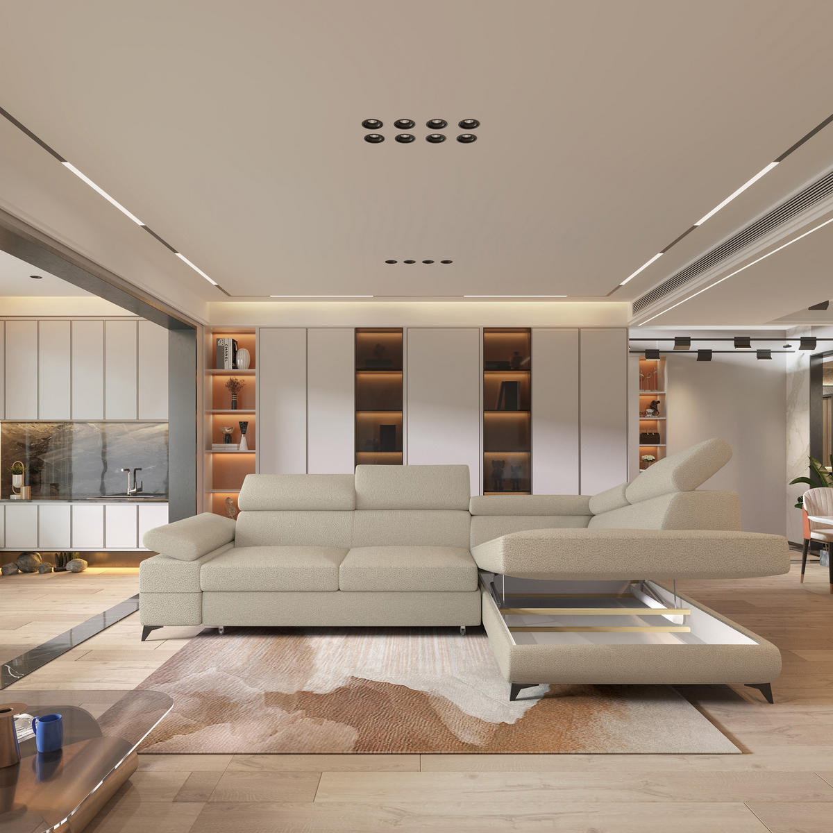 ECKSOFA FAVIEN R-S Beige Boucle-Stoff mit Schlaffunktion - Beige, Holz (257/190cm) - MASSENO