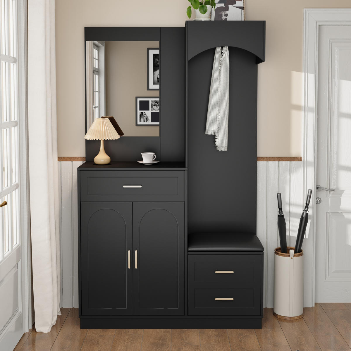 GARDEROBE-SET in Schwarz Garderobenschrank mit Spiegel und Schuhbank für Eingangsbereich und Flur, B110/T33/H185.5 cm - Schwarz, Glas/Holzwerkstoff (110/185.5/33cm) - STILVORA