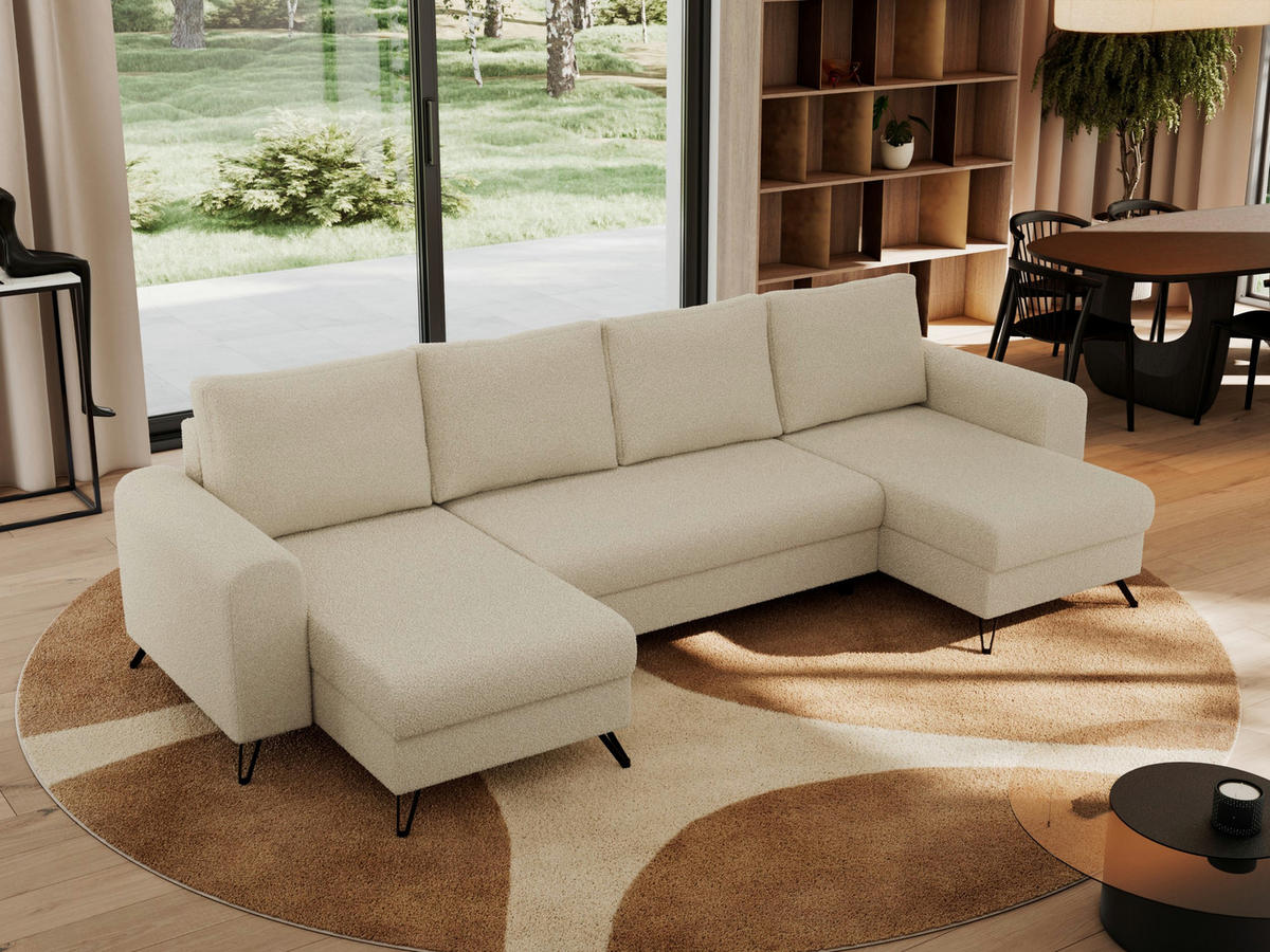 WOHNLANDSCHAFT AXEL U Boucle Beige - Beige/Schwarz, Textil/Metall (312/90/140cm) - MKS
