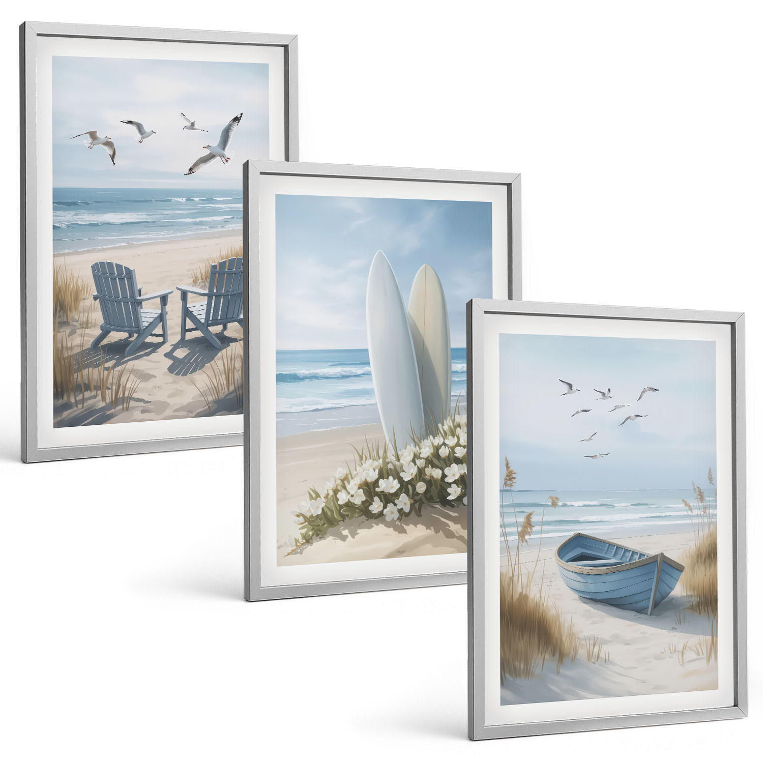 BILDER SET 3er Set - 40x60 cm Silberner Rahmen - Strand Surfbretter Vögel - Silberfarben, Kunststoff (40/60cm) - TULUP