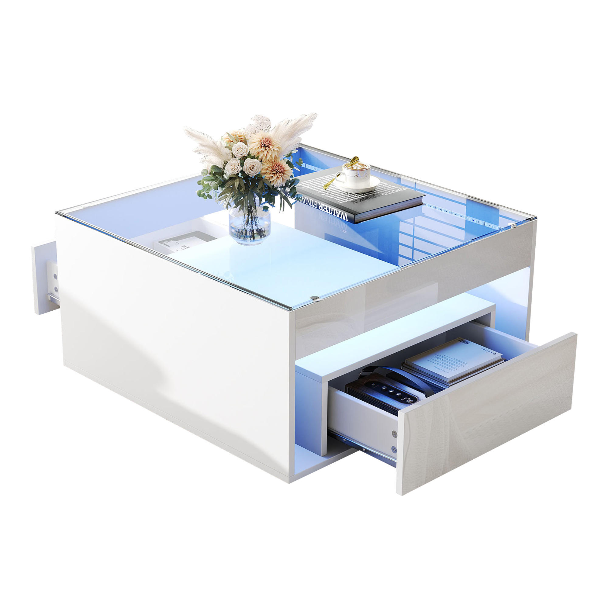 COUCHTISCH weiß aus MDF mit gehärteter Glasplatte und App-gesteuerter USB-LED 70 × 70 × 35 cm - Weiß, Holzwerkstoff (70/70/35cm) - Luhomfu