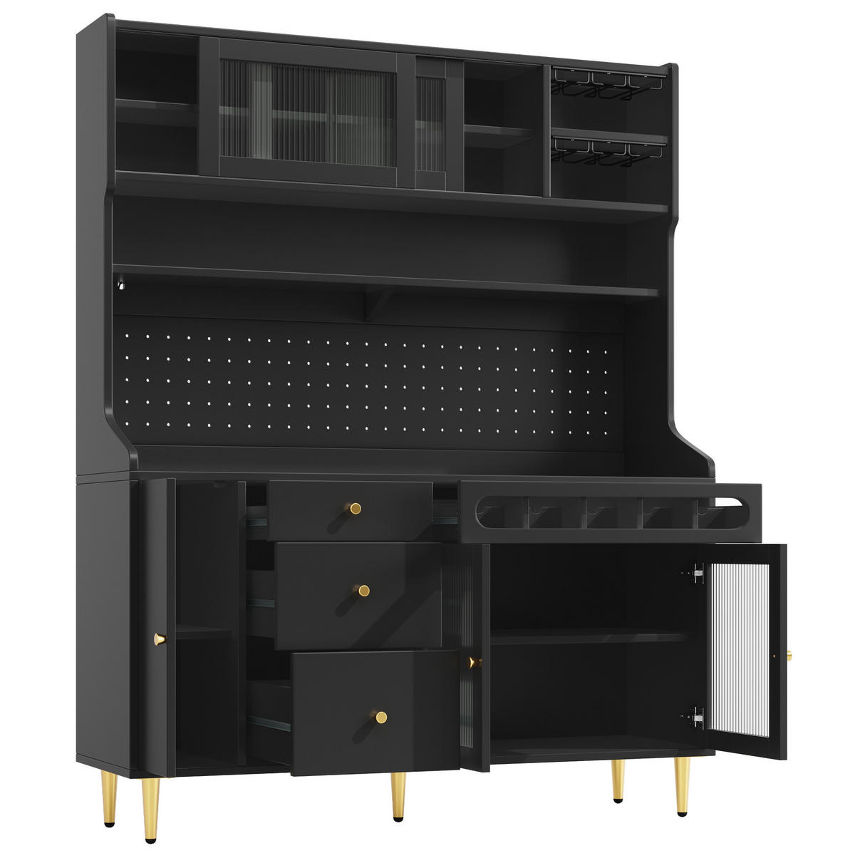 BUFFET 145/39/171 cm schwarz aus Glas und MDF mit LED - Schwarz, Glas (145/171/39cm) - OKWISH